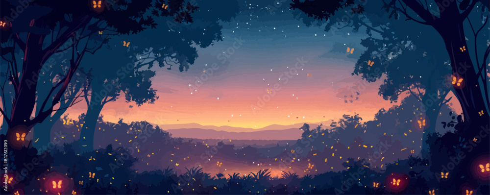 Poster luminous fireflies illuminating a tranquil forest clearing at dusk. vector flat minimalistic isolate