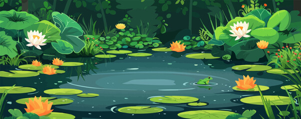 A tranquil garden pond with lily pads and frogs. Vector flat minimalistic isolated