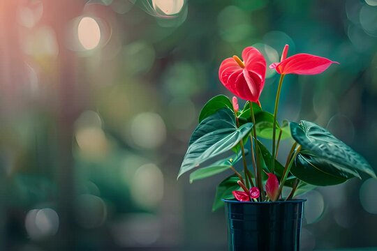 Anthurium (tailflower, flamingo flower, laceleaf) in Flowerpot Closeup, Anthurium Macro House Plant in Flowerpot on Blurred Background, Copy Space, Generative AI Illustration