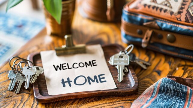 A note reading WELCOME HOME and keys placed on a simplistic table in a modern space.
