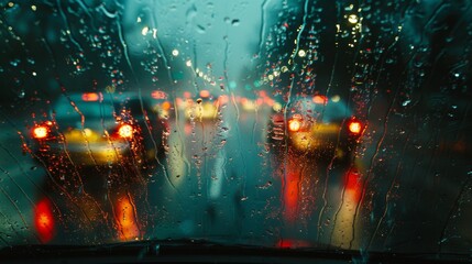 Blurred windshield in rain, poor visibility with heavy downpour, capturing the intensity and challenge of driving in stormy weather