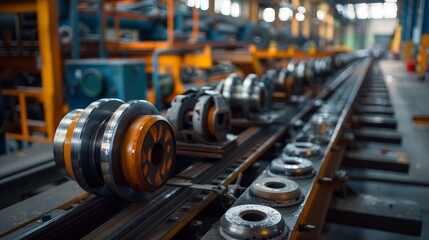 Obraz premium Belt crawler in a high-tech factory casting pulleys, advanced industrial equipment, clean and organized environment