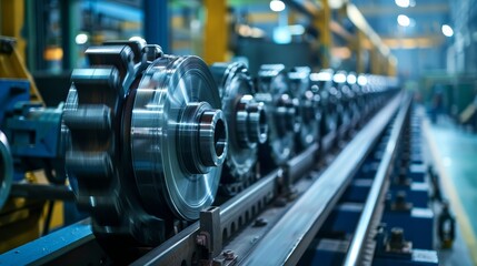 Naklejka premium Automated belt crawler casting pulleys in a state-of-the-art factory, modern machinery, efficient production line