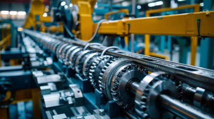 Automated belt crawler casting pulleys in a state-of-the-art factory, modern machinery, efficient production line