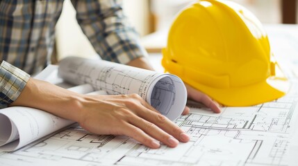 Architect holding and examining blueprints on a construction plan. Hands of engineer inspecting architectural drawings. Close-up of building plans with safety helmet. 