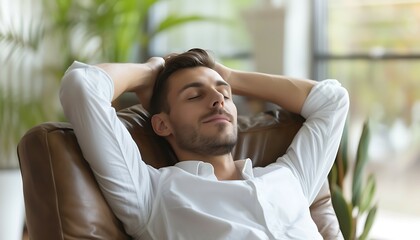Relaxed man take break from work put hands behind head lean on comfy chair