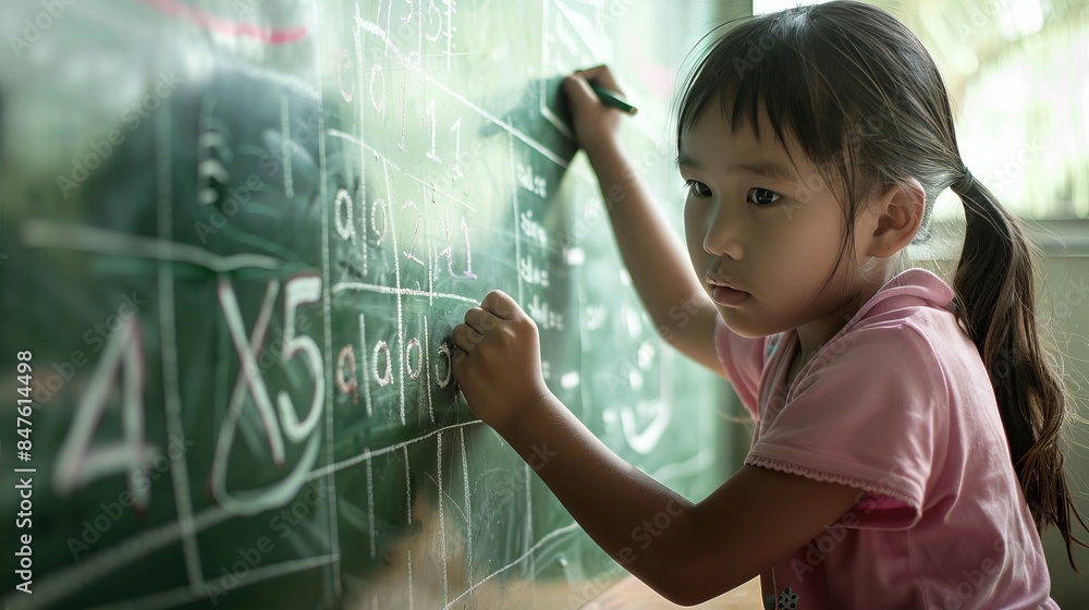 Poster young girl writing math equations on chalkboard in classroom setting. education and learning concept