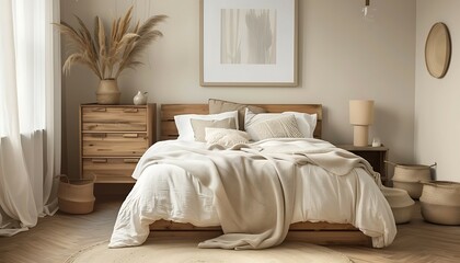 Scandinavian style bedroom mockup in beige tones. Modern Bedroom Interior With Double Bed,