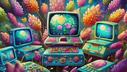 oil painting style cartoon character multicolored classic retro old computers,