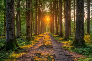 Obraz premium Enchanted Forest Path at Sunrise Captivating Nature Scene for Posters, Prints, and Interior Decor