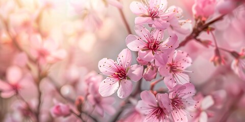 Obraz premium Delicate blur, rosy bloom of cherry blossoms or Sakura flowers against a natural setting. Flowering fruit trees in a farm. Floral banner for farming or gardening enterprise.