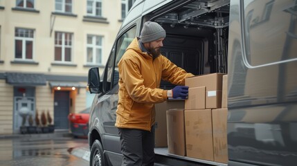 Delivery driver loading packages into a van, urban logistics, last-mile delivery process