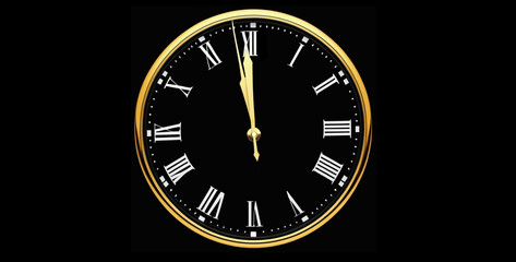 Classic golden rimmed clock face with Roman numerals isolated on black background, elegant timepiece with hour, minute, second hands. graphic design element