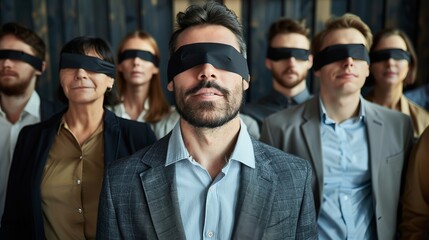 Group of business professionals blindfolded standing together. Conceptual image showing blind trust or lack of vision in business. 