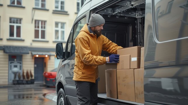 Delivery driver loading packages into a van, urban logistics, last-mile delivery process