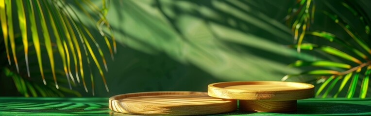 Obraz premium Two modern bamboo bowls placed on a vibrant green background