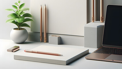 Naklejka premium Pen pencil and notebook with blank page, laptop and office supplies on beautiful background with copy space.
