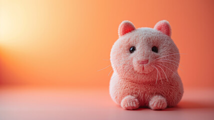 Pink plush toy kitten on a pastel background.