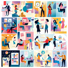 Business Concept illustrations,Business Concept illustrations Collection of scenes with men and women taking part in business activitiesBusiness Strategy researchBusiness iconsillustrations
