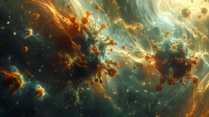 Fototapeta premium A cosmic-inspired 3D background featuring bioluminescent, bacteria-like organisms floating amidst swirling nebulae and stardust.