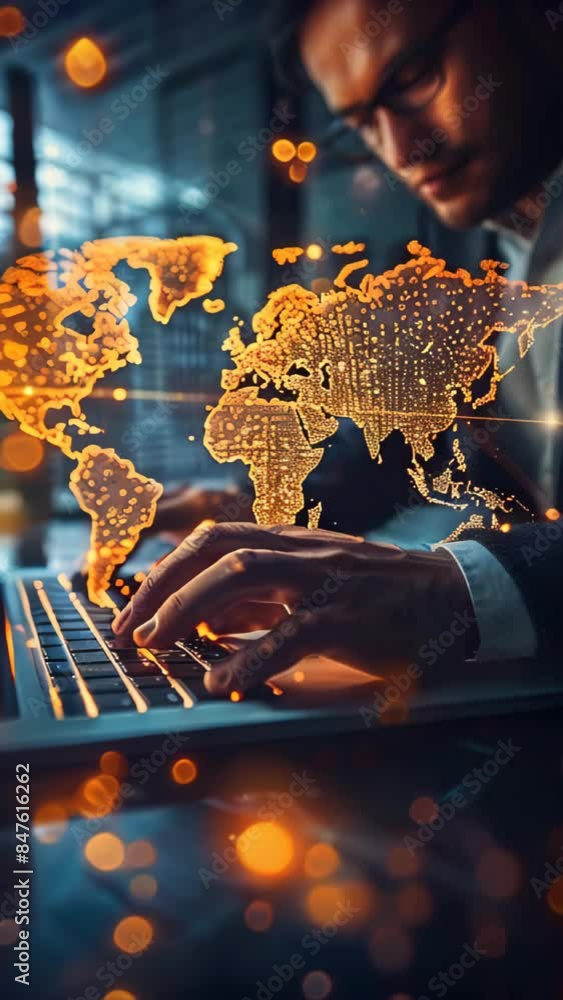 Aufkleber a man is typing on a laptop with a globe in the background. the globe is glowing and surrounded by a