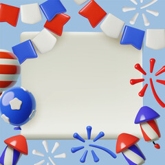 4th July frame with 3d fireworks and blue red and white holiday decoration. US independence day background template for social media, sales and banners. 