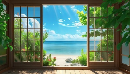 view from window to the sea, window in the garden, beautiful anime japan background view in window with japan room