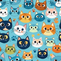 Seamless pattern of cartoon cats with different fur patterns and colors, Generative AI