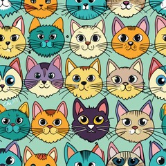 Obraz premium Seamless pattern of cartoon cats with different fur patterns and colors, Generative AI