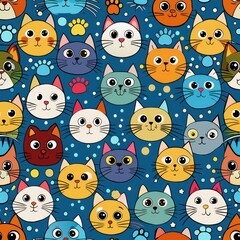 Seamless pattern of cartoon cats with different fur patterns and colors, Generative AI