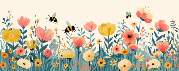 A whimsical enchanted garden with blooming flowers and buzzing bees. Vector flat minimalistic isolated illustration