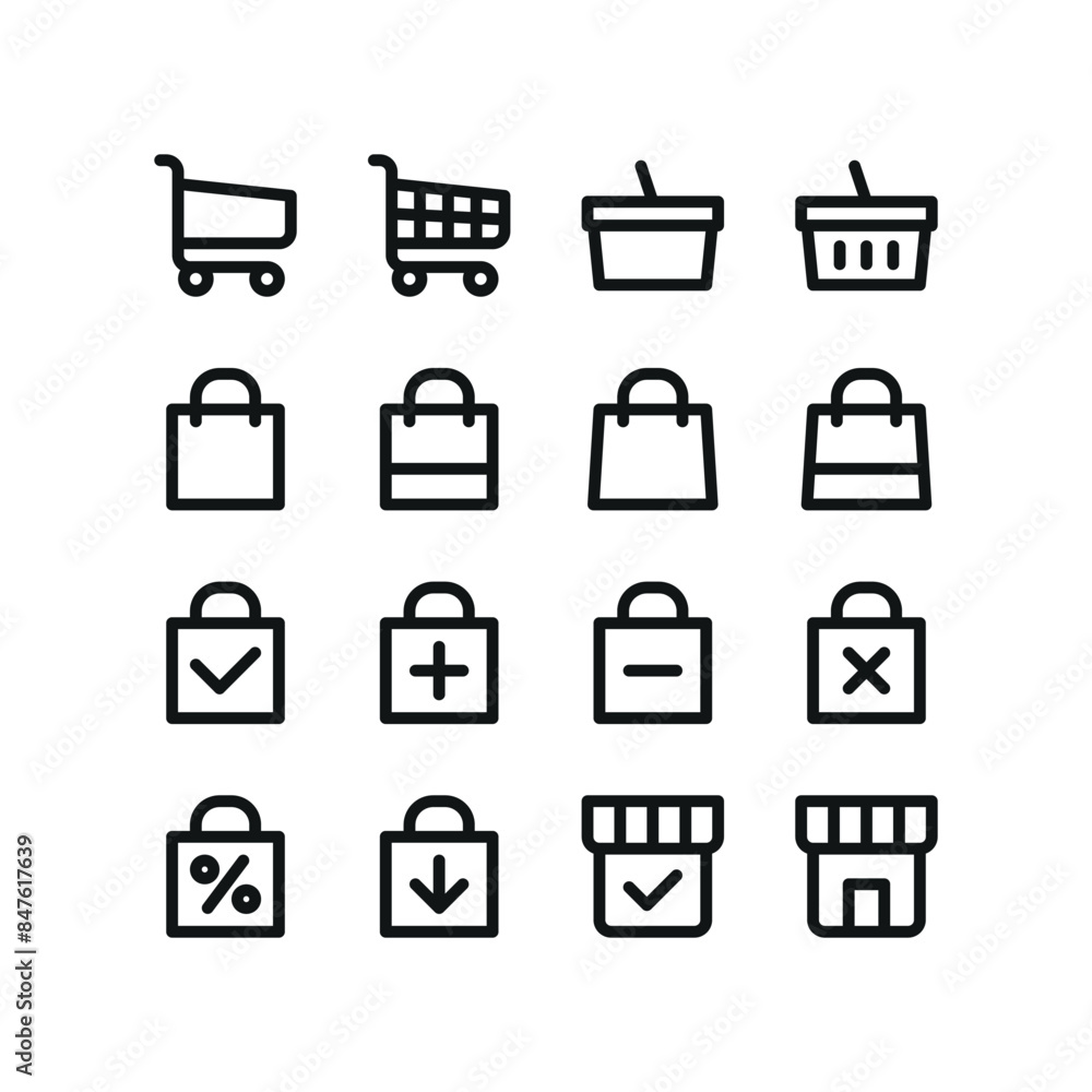 Poster shopping cart icons set. set of ui isolated icons with editable stroke