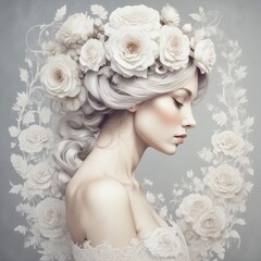 Obraz premium Portrait of a young woman with white hair ornamented with white roses. Bride design decorative illustration