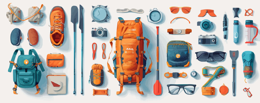Outdoor adventure gear and hiking essentials on a clean white surface. Vector flat isolated illustration.