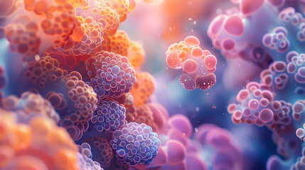 A mesmerizing 3D scene where bacteria-inspired forms crystallize and morph in vibrant colors, creating a sense of chaotic beauty.