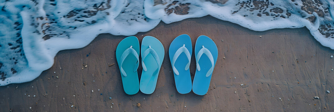 Two pairs of flip flops standing on the beach, one pair light blue and one pair dark blue