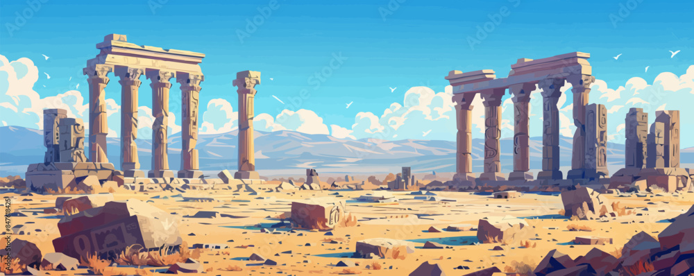 Poster ancient ruins with crumbling stone columns and hieroglyphics vector flat minimalistic isolated illus