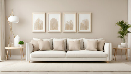 Fototapeta premium A white sofa, beige pillows, and three empty vertical picture frames make up this modern living room. A wall painting mockup.