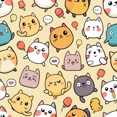 Seamless pattern of cartoon cats with speech bubbles and funny sayings, Generative AI