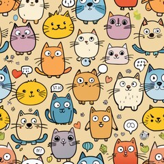 Seamless pattern of cartoon cats with speech bubbles and funny sayings, Generative AI