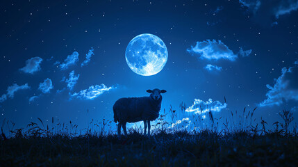 Silhouette of a sheep against the moon on a peaceful blue night, a scene of Eid al-Adha celebration. Can be used for Islamic holiday greetings or cultural event promotions