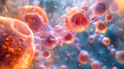 A close-up 3D view of a single, dividing cell, expanding and replicating in a vibrant, abstract environment with a focus on cellular details.