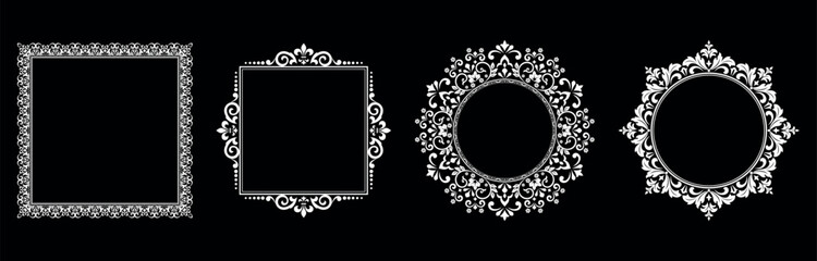 Set of decorative frames Elegant vector element for design in Eastern style, place for text. Floral black and white borders. Lace illustration for invitations and greeting cards.
