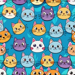 Seamless pattern of cartoon cats with various cute expressions, Generative AI