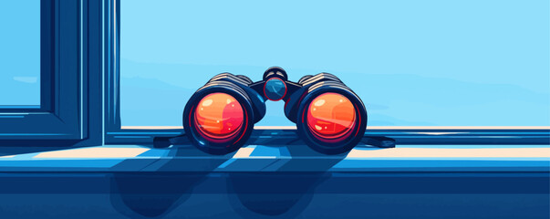 A pair of binoculars resting on a windowsill. Vector flat minimalistic isolated