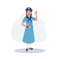 Positive and Confident Young Thai Girl Scout in Cheerful Uniform Making OK Hand Gesture