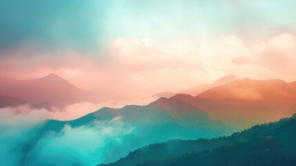 Fototapeta premium Misty Mountain Range with Cloudy Sky in Colorful Photograph