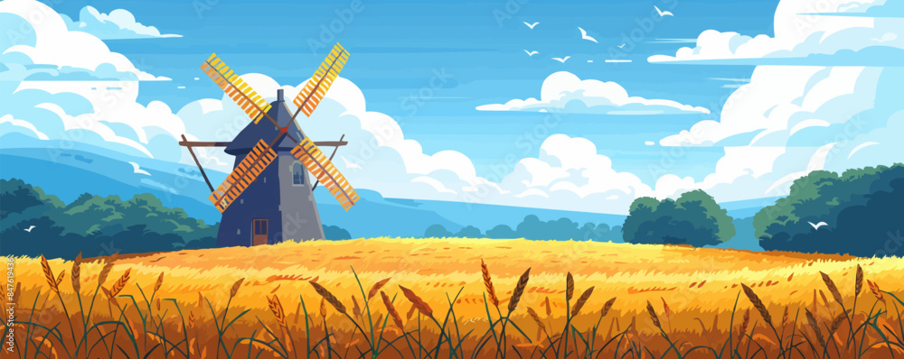 Poster quaint countryside windmill with fields of wheat vector flat minimalistic isolated