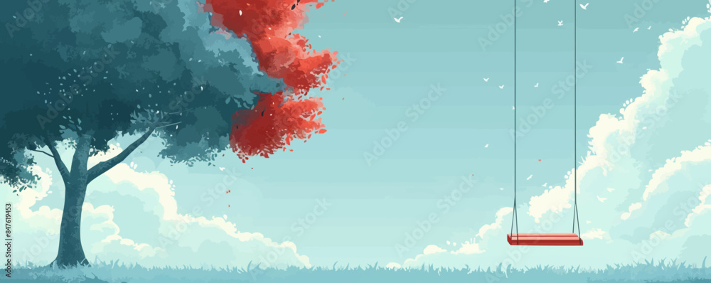 Poster swing hanging from a tall tree branch. vector flat minimalistic isolated illustration.