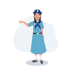 young thai girl scout uniform giving advice presenting gesture.